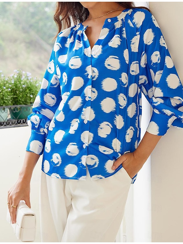  Women's Shirt Blouse Graphic Button Print Long Sleeve Crew Neck Blue Spring &  Fall