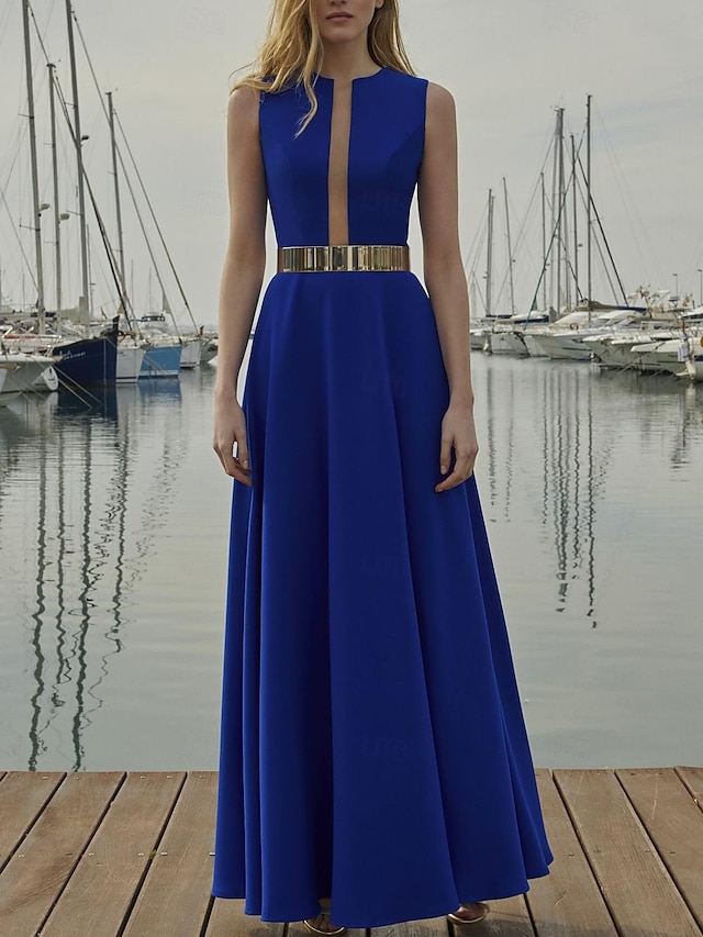  A-Line Evening Gown Elegant Dress Formal Floor Length Sleeveless Jewel Neck Taffeta with Ruched Pocket 2024