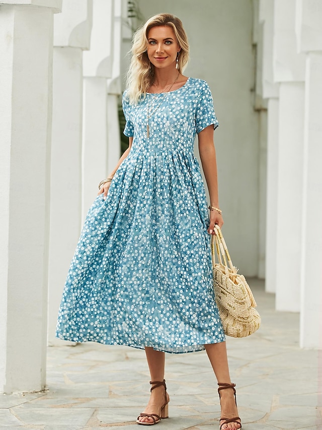  Women's Floral Ditsy Floral Ruched Pocket Crew Neck Midi Dress Daily Date Short Sleeve Summer Spring
