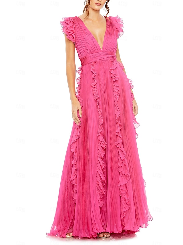  Robe de cérémonie invitée de mariage en A tenue de soirée robe de fête longueur maxi sans manches col en V en mousseline dos en V avec plis
