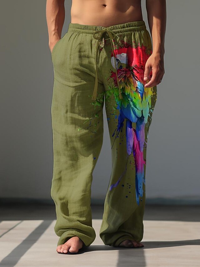  Herren Tiermotiv Vogel Leinenhosen Baggy-Hosen Mittlere Taille Hawaiianisch Lässig Outdoor Streetwear Elastischer Bund Frühling & Herbst Herbst Winter Schwarz Weiß Armeegrün