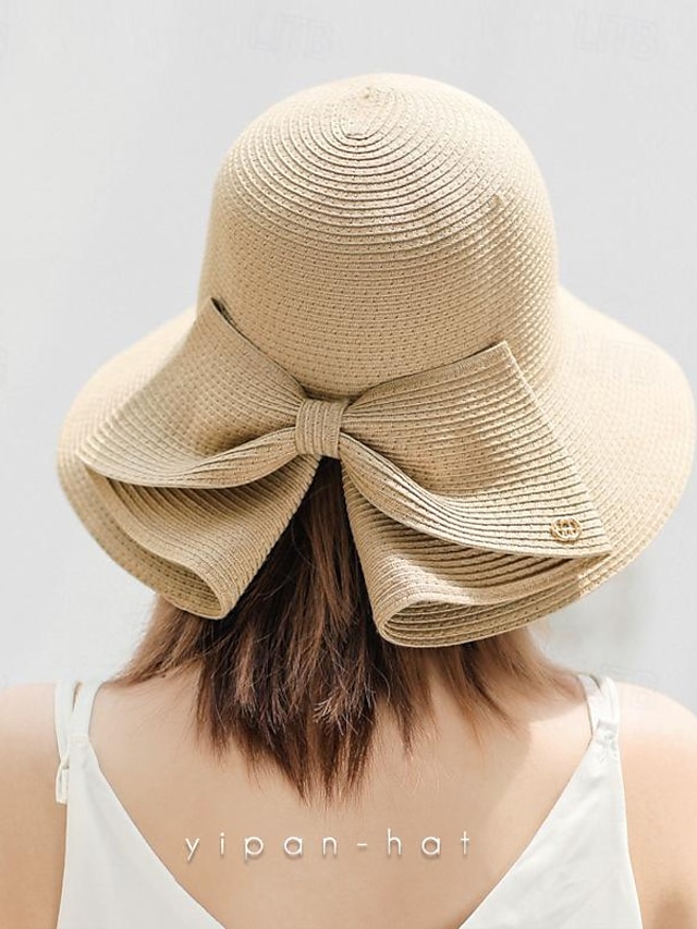 女性用 帽子 麦わら帽 日よけ帽 携帯用 日焼け防止 高通気性 ストリート 日常 週末 リボン ピュアカラー