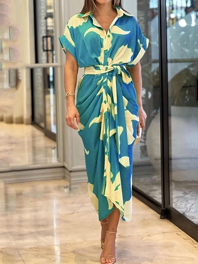 Women's T Shirt Dress Summer Dress Print Dress Floral Leaf Ruched Button Shirt Collar Long Dress Maxi Dress Elegant Fashion Work Daily Short Sleeve Regular Fit Yellow Pink Red Summer Spring S M L XL 6