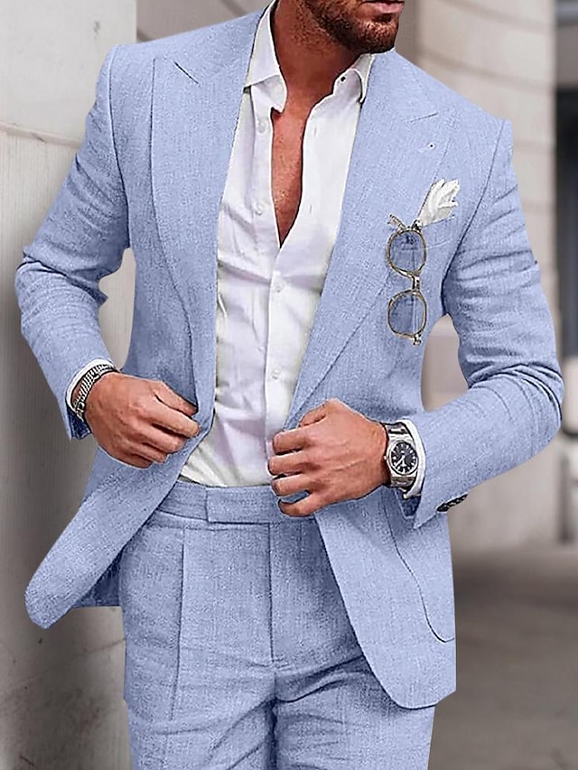  Trajes de lino para hombre, azul oscuro, azul oscuro, gris oscuro, para boda, playa, verano, color sólido, 2 piezas, corte a medida, botonadura simple, un botón, 2024