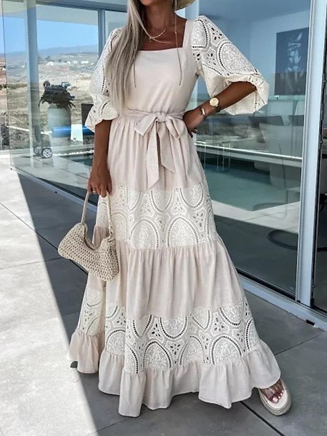  Dames Maxi-jurk Witte jurk Casual jurk Swingjurk A lijn jurk Streetwear Maxi Basic Vakantie Straat Feestdagen Normale pasvorm 3/4 mouw Vierkante hals Wit Blozend Roze Paars Abrikoos Zomer