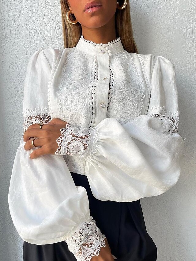  Overhemd Blouse Dames Wit Effen Kant nappi Straat Dagelijks Modieus Normale pasvorm Lantaarn mouw S