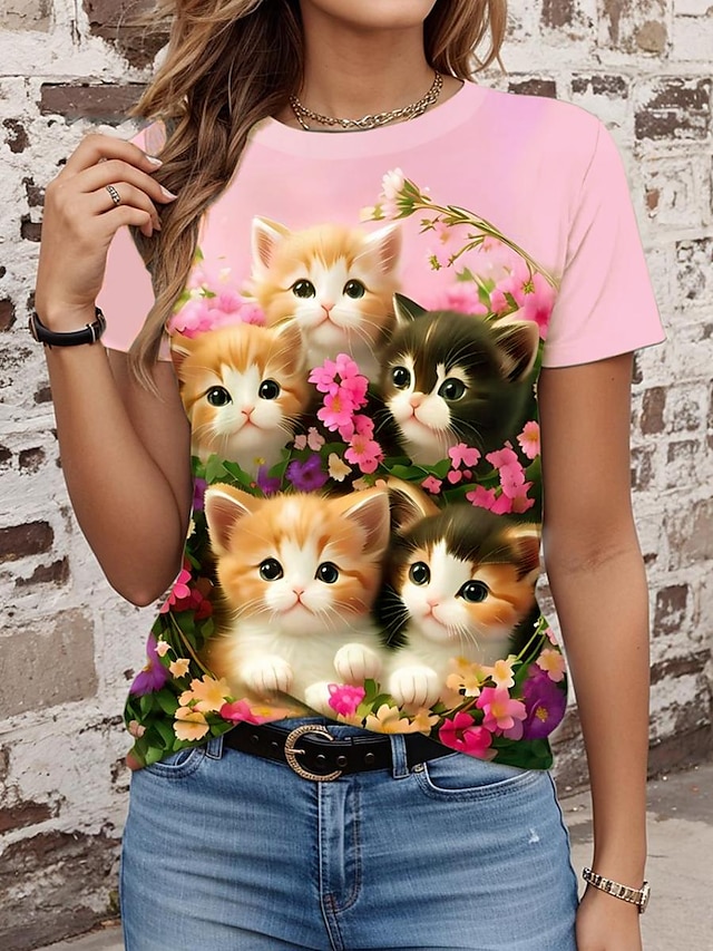  Γυναικεία Μπλουζάκι Ζώο Γάτα Σκύλος Καθημερινά Στυλάτο Κοντομάνικο Στρογγυλή Ψηλή Λαιμόκοψη Ανθισμένο Ροζ Καλοκαίρι