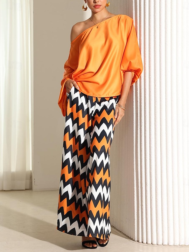  Women's Shirt Pants Sets Striped Print Date Stylish Bishop Sleeve Long Sleeve Off Shoulder Orange Summer Spring