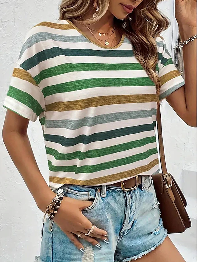 Women's T Shirt Striped Fashion Short Sleeve Round Neck Regular Tops Daily Weekend Print Orange Green Summer 11