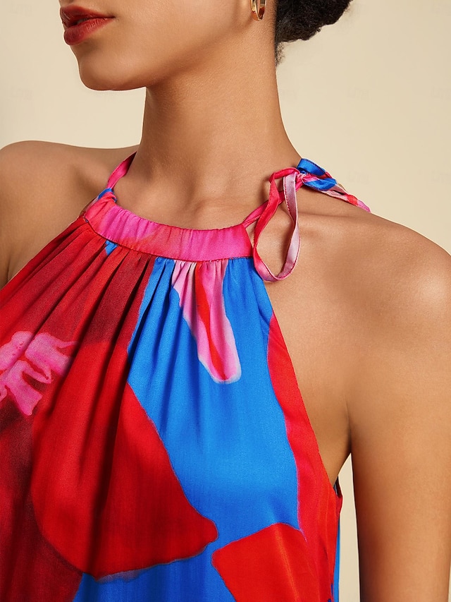  Dam Solklänning Sommarklänning Halter Neck Klänning Långklänning Maxiklänning Rosenröd Ärmlös Mode Blommor Blomma / Växter Halterneck Blomstil Tryck Vår & sommar Halterneck Strandsemester Ljuv