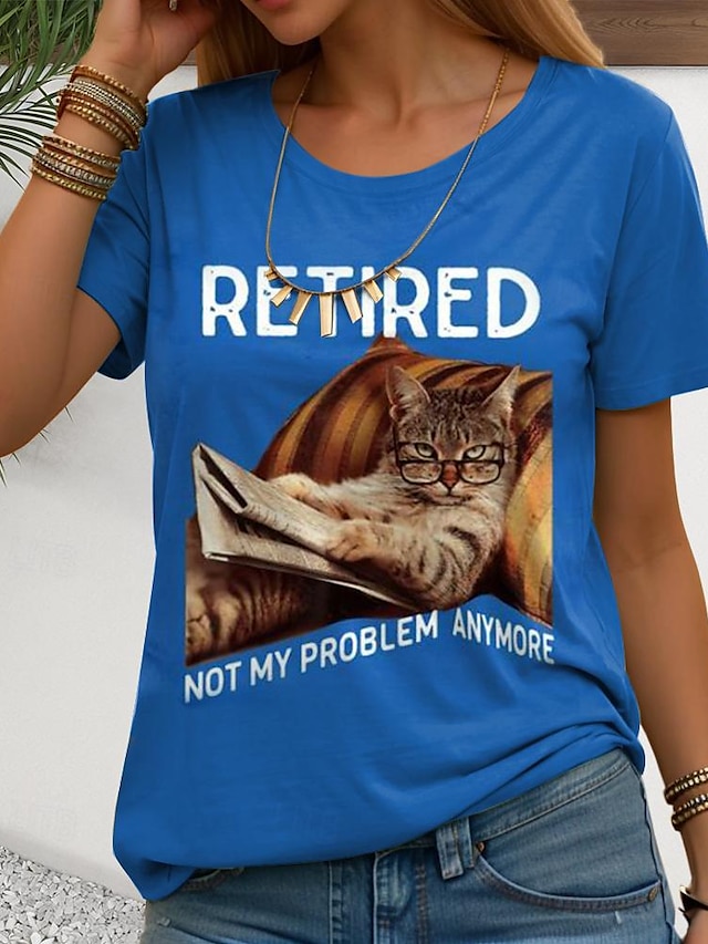  女性用 Tシャツ コットン１００％ RETIRED 猫 レタード 日常 おかしい 半袖 クルーネック ブルー 夏