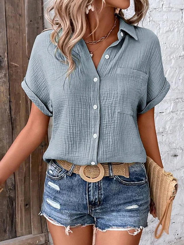 Women's Blouse V-Neck Button-Up Textured Pattern Casual Short Sleeve Summer Top Faded Blue Regular Fit Lightweight Breathable 9
