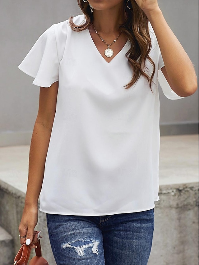  Shirt Blouse Women's Black White Plain Sexy Street Daily Fashion V Neck Regular Fit S