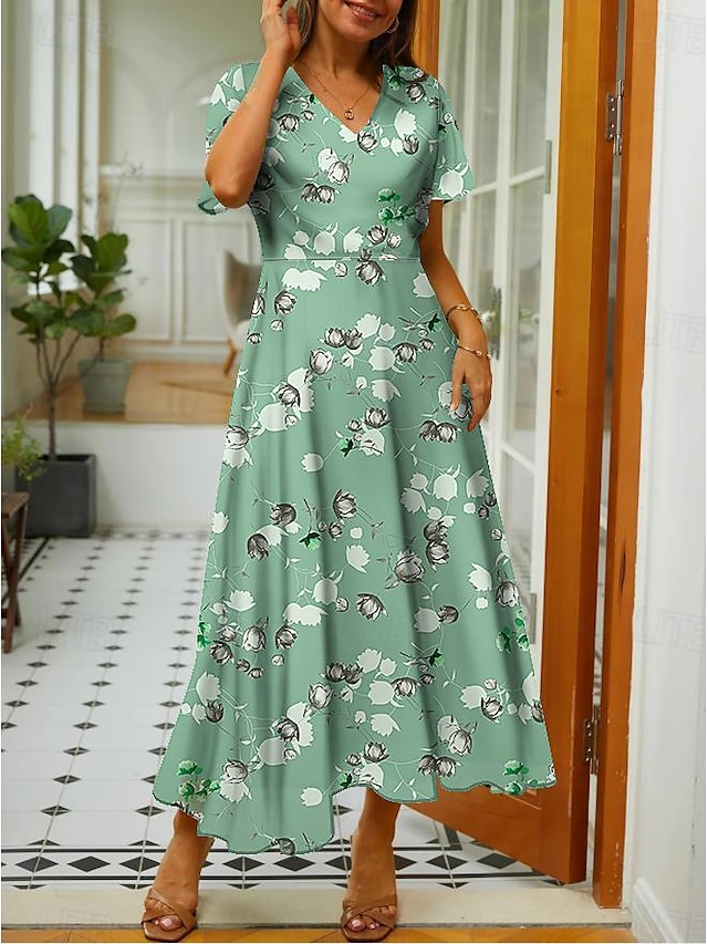  Γυναικεία Σιφόν Φόρεμα σε γραμμή Α Φλοράλ Με Βολάν Λαιμόκοψη V Μανίκι Flounce Μακρύ φόρεμα Κομψό Κλασσικό Καθημερινά Διακοπές Αμάνικο Καλοκαίρι