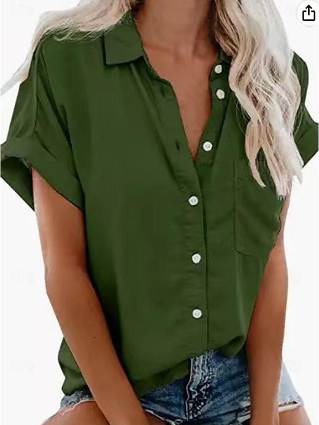  dames overhemd blouse topjes casual knopen zak korte mouw normale topjes overhemd kraag dagelijks wit roze blauw groen zomer