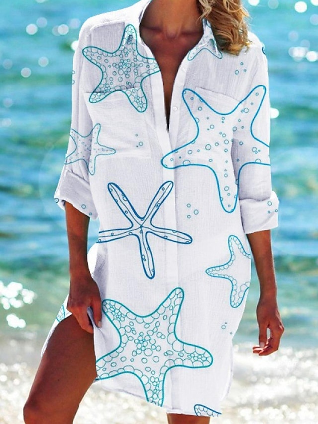  Damen Hemd Bluse Graphic Taste Tasche Bedruckt Urlaub Strand Brautkleider schlicht Strand Design Langarm Hemdkragen Weiß Frühling Sommer