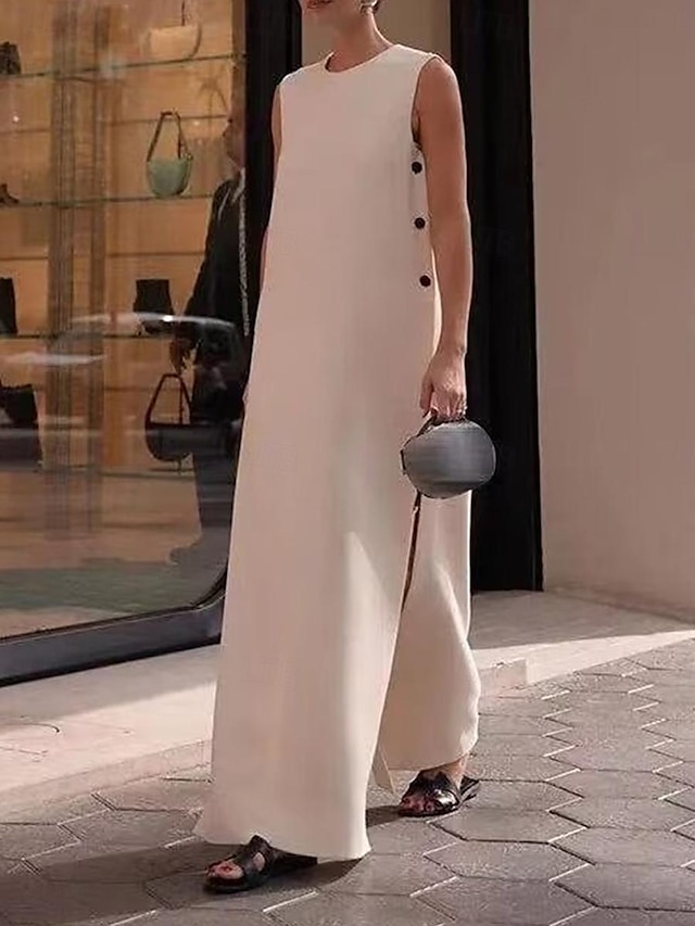  robe blanche Robe casual Robe Débardeur Femme Robe Maxi Bouton Fendu Plein Air Vacances Rendez-vous Vêtement de rue Maxi Col Ras du Cou Sans Manches Standard Blanche S M L