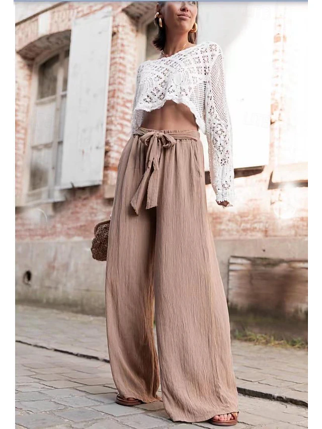 Women's EU / US Size Palazzo Pants Casual Daily Full Length High Rise Solid Colored Boot Leg Comfortable Inelastic Casual Going out Gray Green Camel Apricot Black All Seasons Regular Fit 5