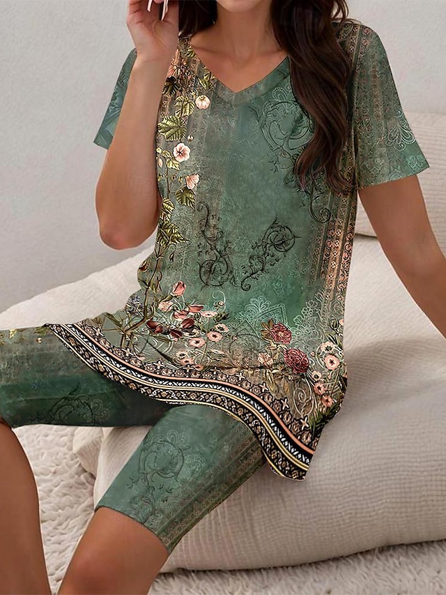  Pentru femei Tricou Seturi de pantaloni scurți Floral Imprimeu Casul / Zilnic Modă Manșon scurt În V Verde Deschis Vară