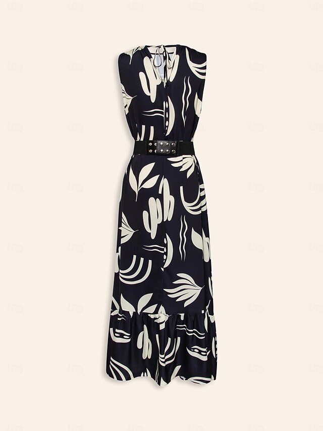  Mulheres Vestido casual Vestido Longo Preto Azul Royal Sem Manga Folhas Primavera Verão Arredondar Casual Diário férias na praia S M L