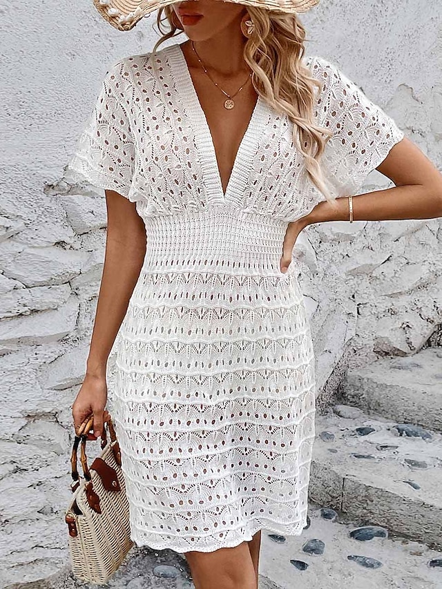  Γυναικεία Λευκό φόρεμα Μίνι φόρεμα Εξώπλατο Με κοψίματα Διακοπές Παραλία Σέξι Καθημερινό Λαιμόκοψη V Κοντομάνικο Μαύρο Λευκό Θαλασσί Χρώμα