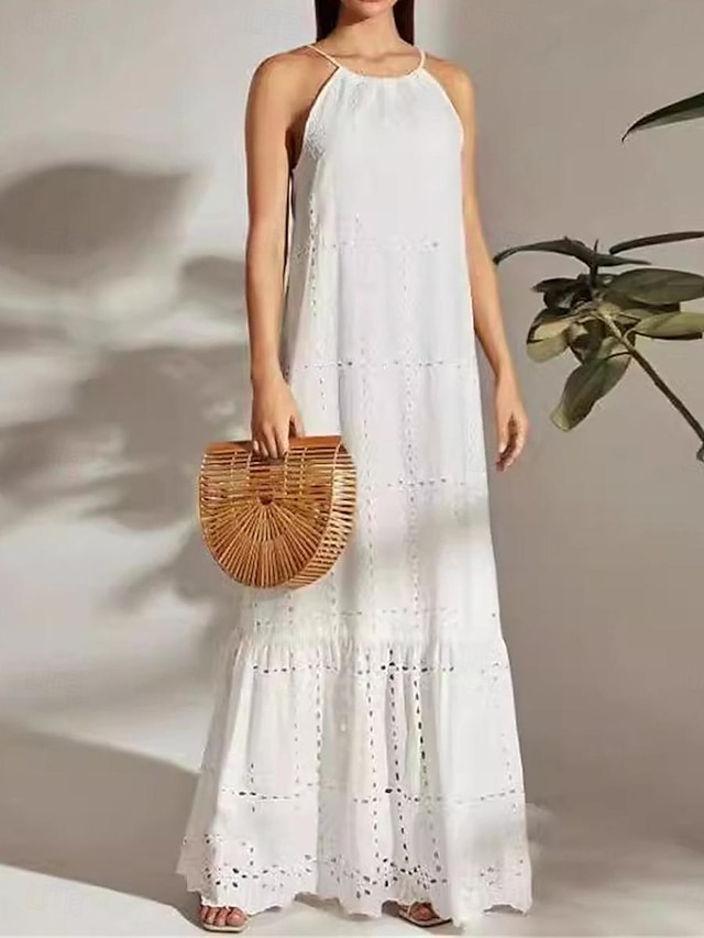  Women's White Dress Cotton Linen Dress Strap Dress Maxi Dress Cotton Eyelet Basic Daily Vacation Spaghetti Strap Sleeveless Summer Spring Black White Plain