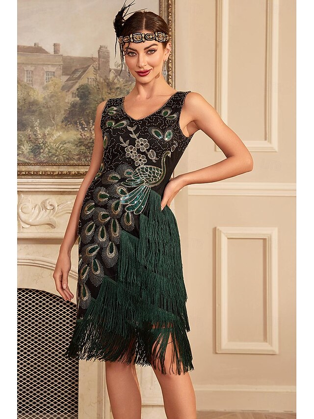  Retro Vintage Roaring 20s 1920s Flapper Dress Cocktail Dress The Great Gatsby Wedding Guest Sequins Tassel Fringe Women's Masquerade Party / Evening Wedding Reception Bachelorette Party Adults' Dress