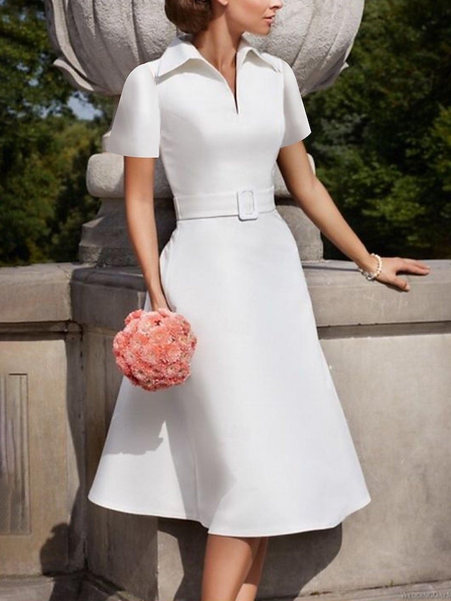  A-Line Cocktail Dresses Elegant Dress Formal Wedding Guest Tea Length Short Sleeve V Neck Belt / Sash Stretch Crepe with Bow(s) 2024