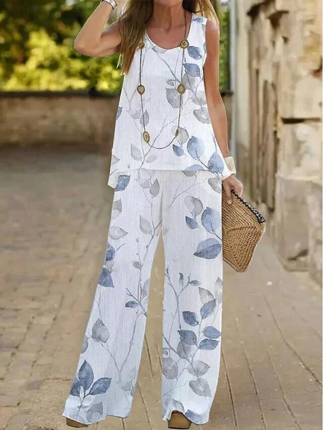 Women's Fashion Tank Top Pants Sets Wide Leg Pants Trousers Sleeveless Round Neck Floral Print Holiday Weekend White Ivory Light Green Summer Regular Fit4