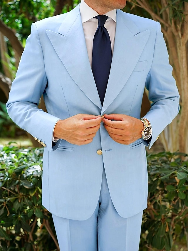  kék férfi esküvői öltöny egyszínű 2 részes divatos üzlet szabott egymellű kétgombos 2024