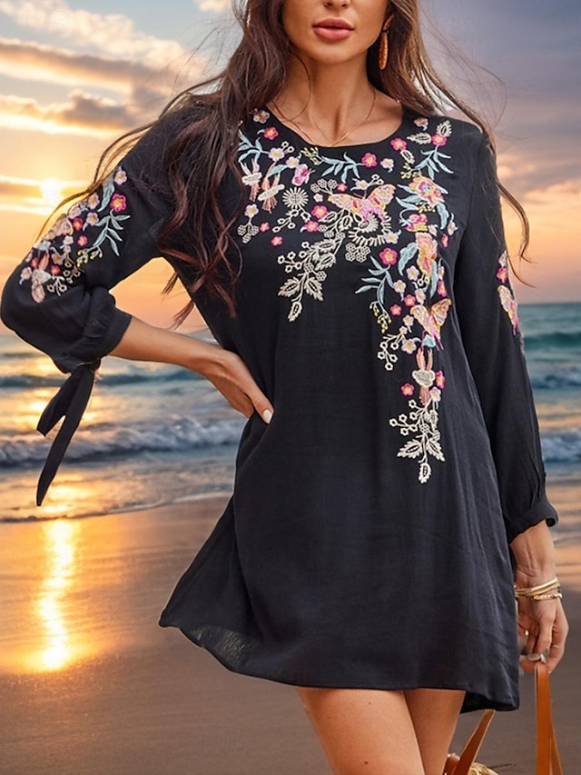  Dam Mini klänning Svart klänning Mexikansk klänning Klassisk Boho Dagligen Lös passning Blommig Långärmad Rund hals Svart Sommar Vår