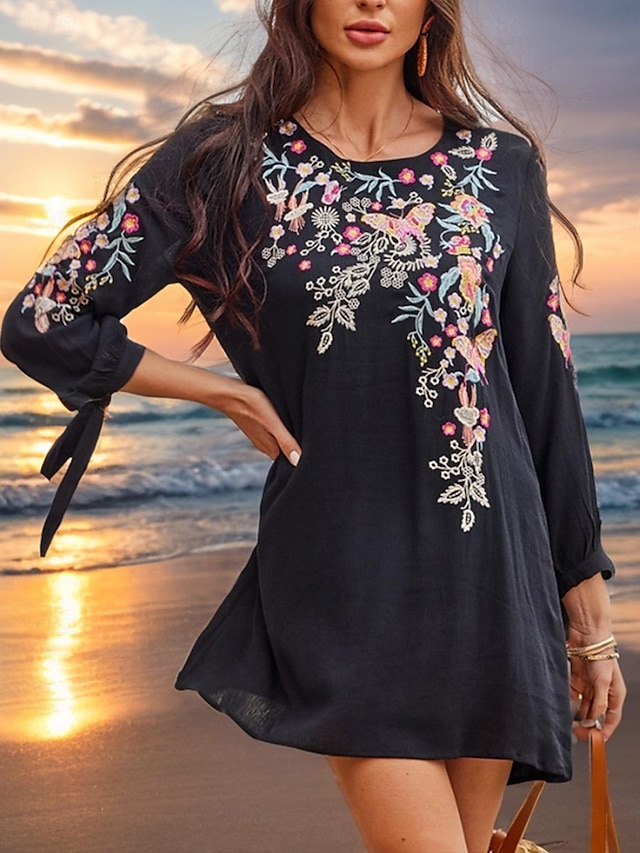  Damen Bestickt schwarzes kleid Minikleid Baumwolle Klassisch Boho Blumen Rundhalsausschnitt Langarm Täglich Sommer Frühling Schwarz