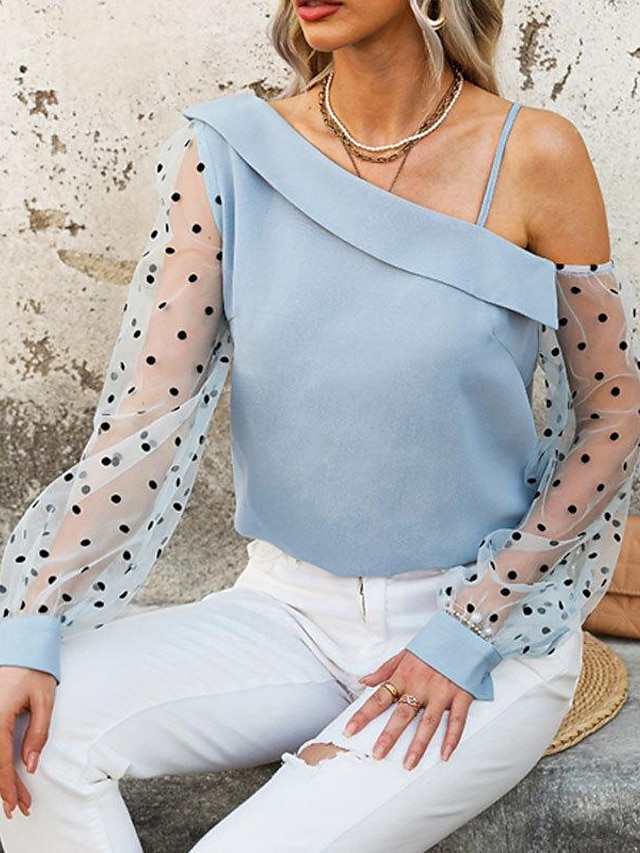  Camicia Blusa Per donna Nero Bianco Blu Liscio Retato Strada Giornaliero Di tendenza Monospalla Standard S