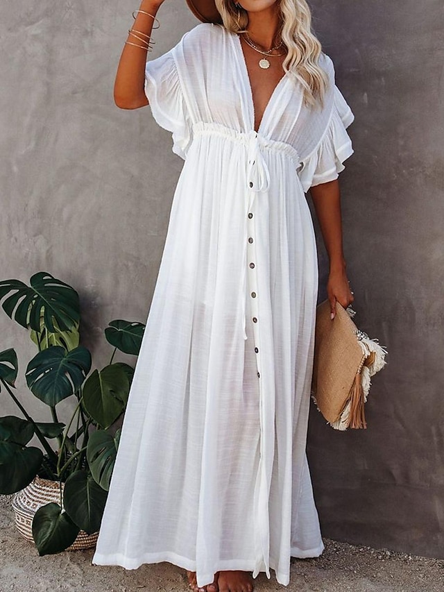  Damen Maxikleid Leinen-inspirierte Kleider Weißes Kleid Schwingkleid Sommerkleid Streetwear Maxi Basic Urlaub Ferien Strand Lässiger Schnitt Kurzarm V Ausschnitt Schwarz Weiß Khaki Beige Sommer