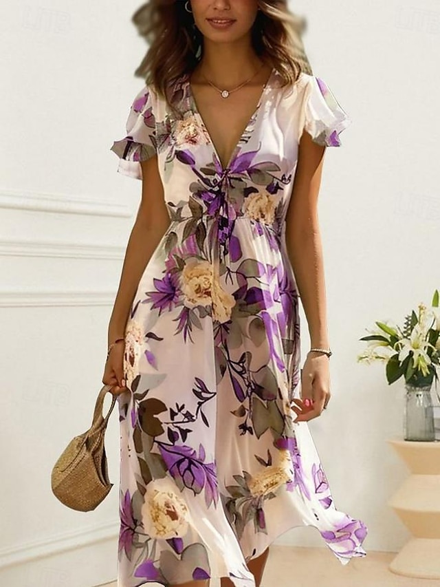  Damen Midikleid Blumen V-Ausschnitt A-Linie Flatterärmel Rosenmuster leicht Sommer Gartenparty Hochzeitsgast Brunch fließend feminin weiß rosa grün
