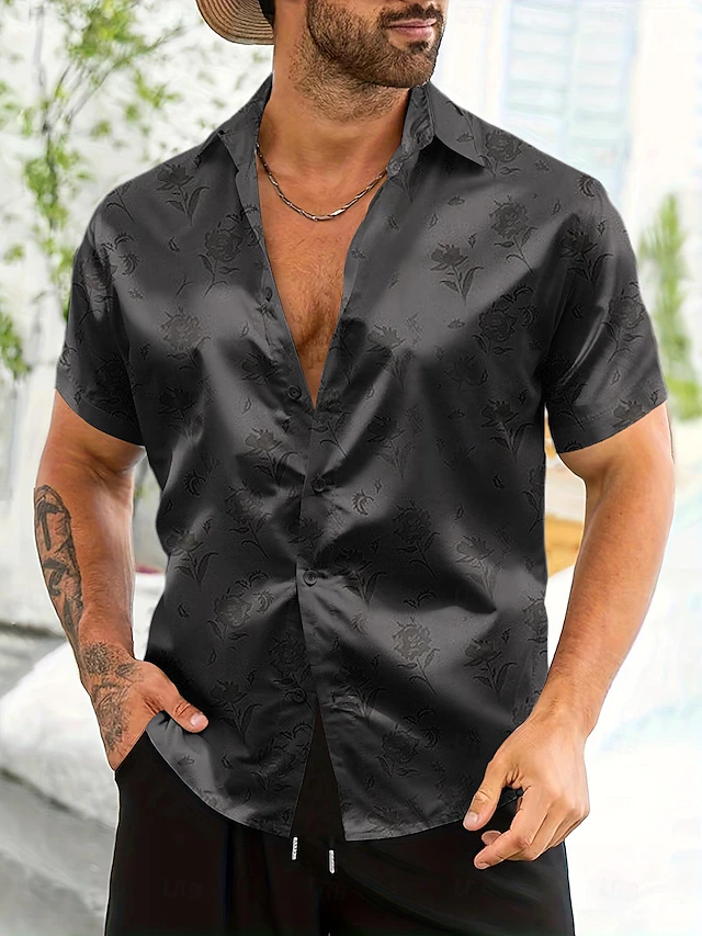 Men's Shirt Satin Shirt Summer Shirt Beach Wear Button Up Shirt Casual Shirt Black Red Green Short Sleeve Plain Collar Daily Vacation Clothing Apparel Fashion Casual Comfortable 6