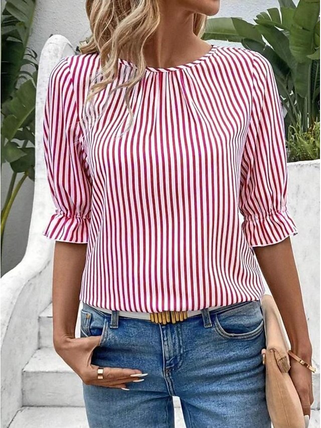  Blusa Per donna Nero Giallo Rosso Strisce verticali Stampe Giornaliero Elegante Rotonda Standard Manica a lanterna S