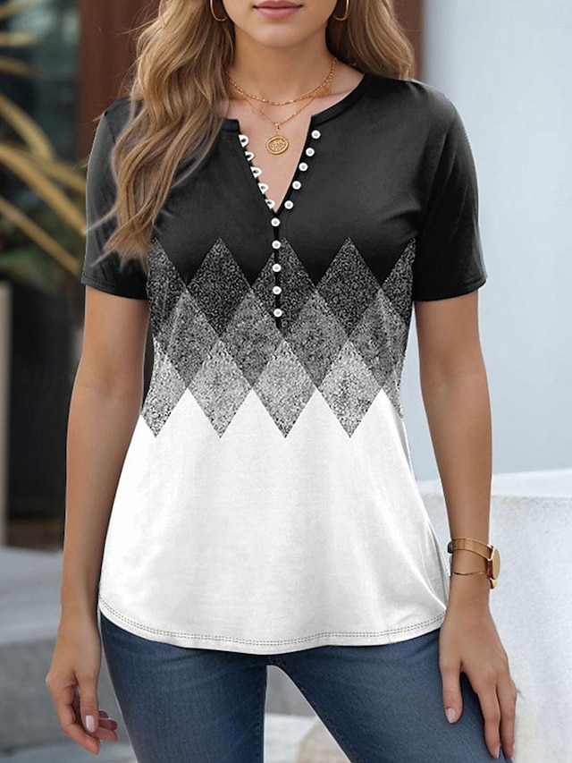  Women's T shirt Tee Geometric Color Block Button Print Weekend Stylish Casual Short Sleeve Round Neck Black Summer Spring