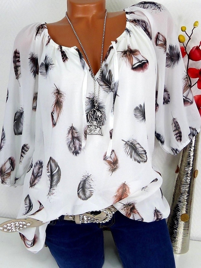  Damen Boho Bluse Federdruck Langarm V-Ausschnitt Krawattenbänder fließendes Top weiß braun lässig Strand Festivalmode entspannte Passform Frühling Sommer Kleidung
