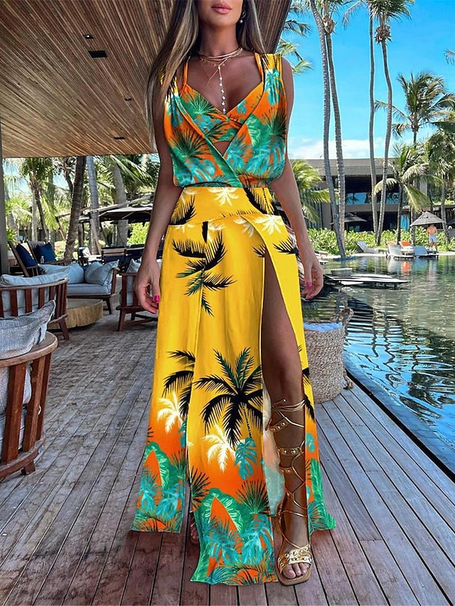  Pentru femei Set de rochii Rochie casual Set fuste Rochie leagăn Modă Modern Floral Simplu Fără Spate Crăpătură Rochie Lunga Rochie Maxi Fără manșon În V În aer liber Vacanță Galben Roșu-aprins