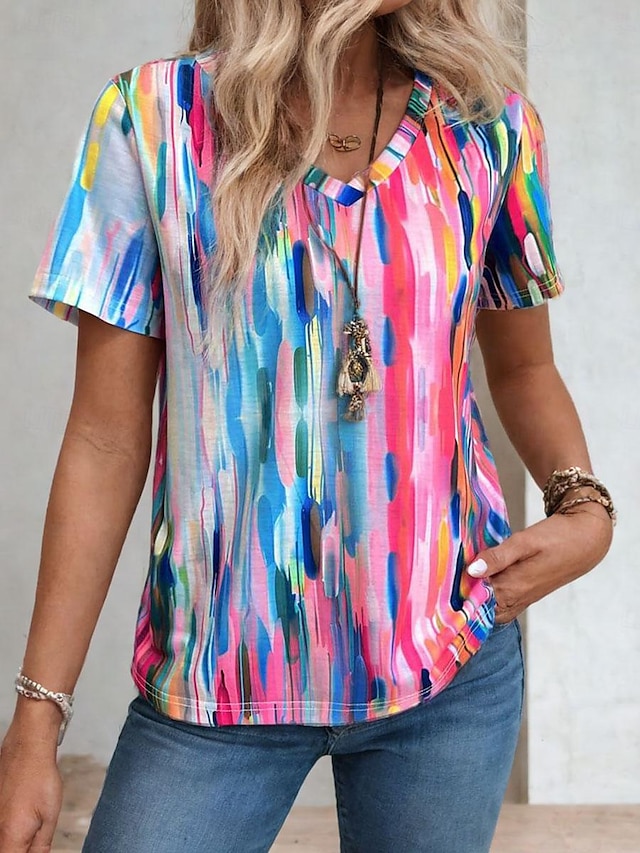  Women's T shirt Tee Ombre Paisley Daily Weekend Stylish Casual Short Sleeve V Neck Rainbow Summer
