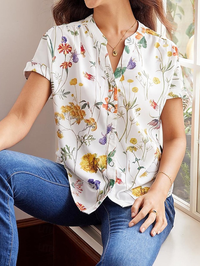  Mulheres Camisa Social Blusa Floral Botão Imprimir Manga Curta Decote V Branco Verão