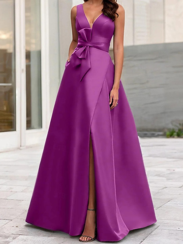  Γραμμή Α Βραδινά φορέματα Υψηλός διάσπαση Φόρεμα Επίσημο Μασκάρεμα Μακρύ Αμάνικο Λαιμόκοψη V Ζώνη / Ζώνη Σατέν με Φιόγκος(οι) Φόρεμα 2024