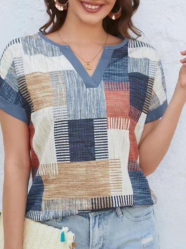  Women's T shirt Tee Color Block Striped Print Daily Weekend Fashion Short Sleeve V Neck Yellow Summer