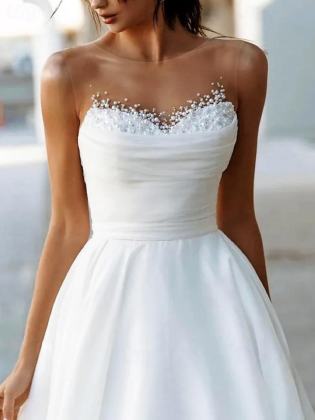 Abiti da sposa in spiaggia abito A Line scollo a barca senza maniche strascico spazzola in tulle