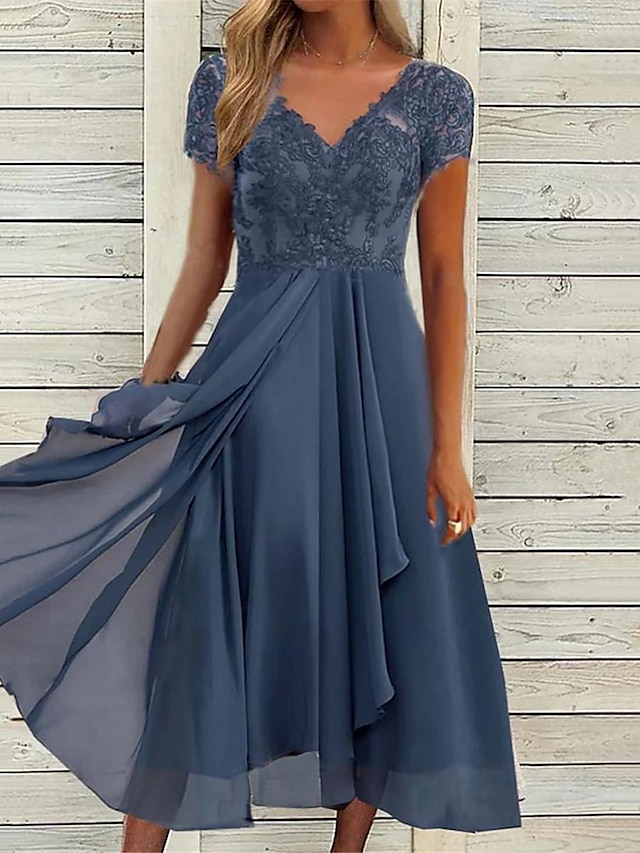 Women's Lace Dress Midi Dress Chiffon Lace Patchwork Date Vacation Streetwear Casual V Neck Short Sleeve Blue Green Color