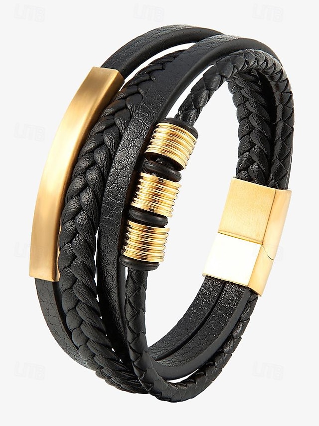  Pulsera de cuero trenzada para hombre con detalles dorados: diseño moderno y elegante