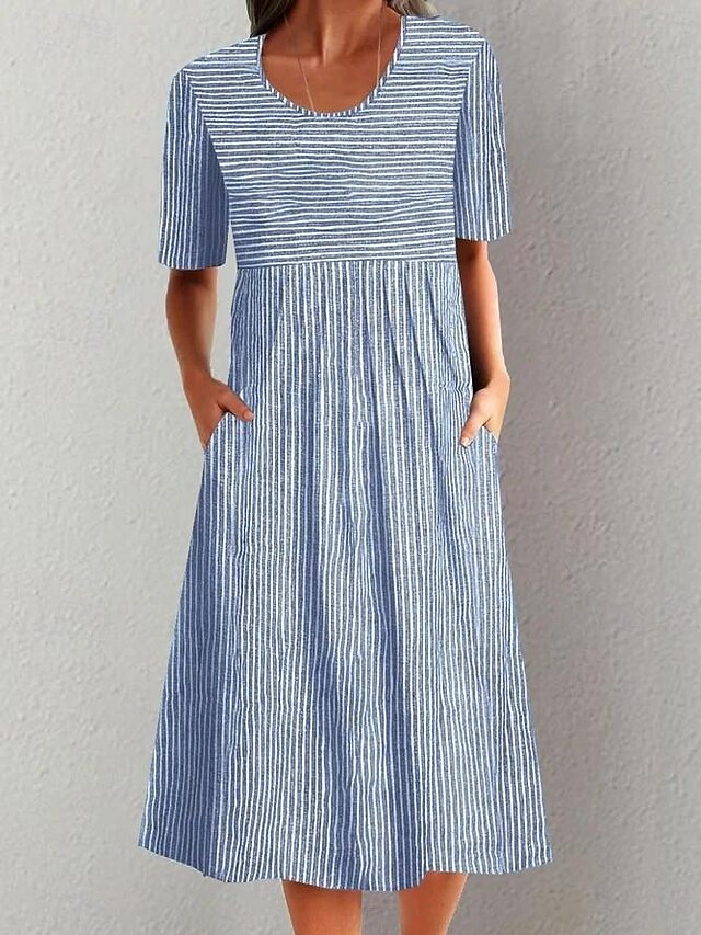 Women's Jumper Dress Stripe Ruched Print Crew Neck Midi Dress Elegant Bohemia Home Daily Summer3