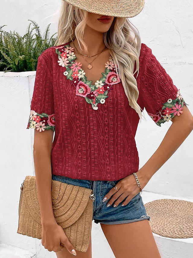  Blusas de Renda Elegantes Brancas Femininas Topos de Olho de Renda Floral Bordado Decote em V Manga Curta Branca Verão Casual ao Ar Livre Dia a Dia Romântico Petite Topos Verão Férias