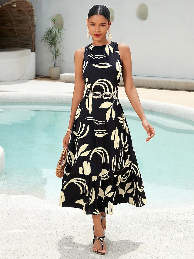  Mulheres Vestido casual Vestido Longo Preto Azul Royal Sem Manga Folhas Primavera Verão Arredondar Casual Diário férias na praia S M L